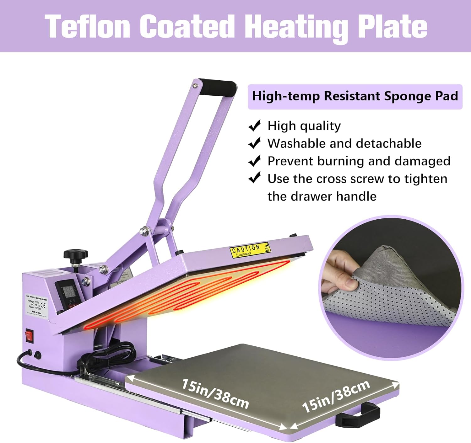 PlanetFlame 15x15 inch slide-out heat press machine, purple
